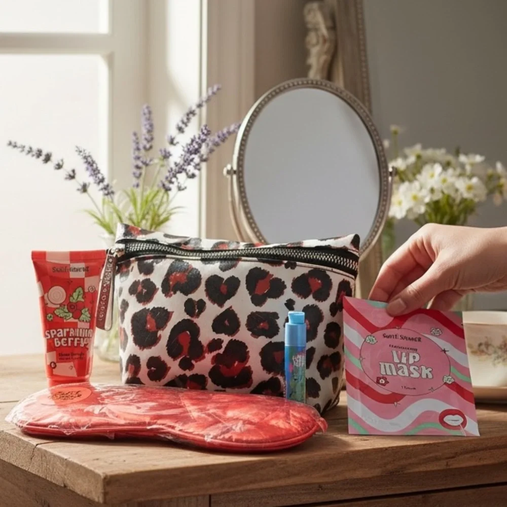 Brighton Leopard Print Cosmetic Bag w/ Sweet Shimmer Beauty Set